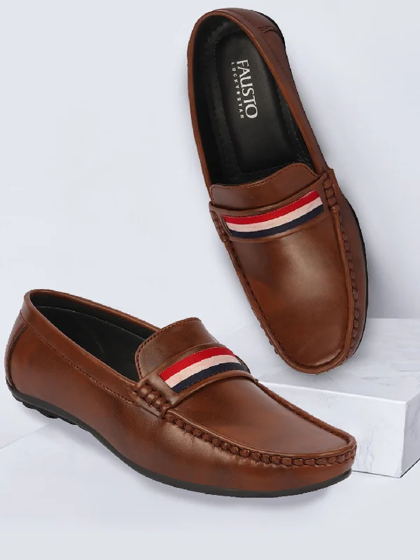 Men's casual shoes with a metallic trim Basics Men Brown Colored Stripe Design Side Stitched Casual Slip On Loafers and Moccasin Shoes Men's casual shoes with a metallic trim Basics Men Brown Colored Stripe Design Side Stitched Casual Slip On Loafers and Moccasin Shoes