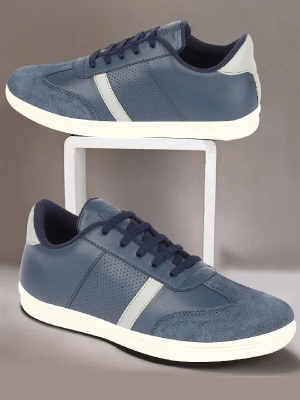Men's casual shoes with a floral print for a unique style Men Navy Blue Embellished Strip Breathable Upper PU Suede Leather Lace Up Sneakers Shoes Men's casual shoes with a floral print for a unique style Men Navy Blue Embellished Strip Breathable Upper PU Suede Leather Lace Up Sneakers Shoes