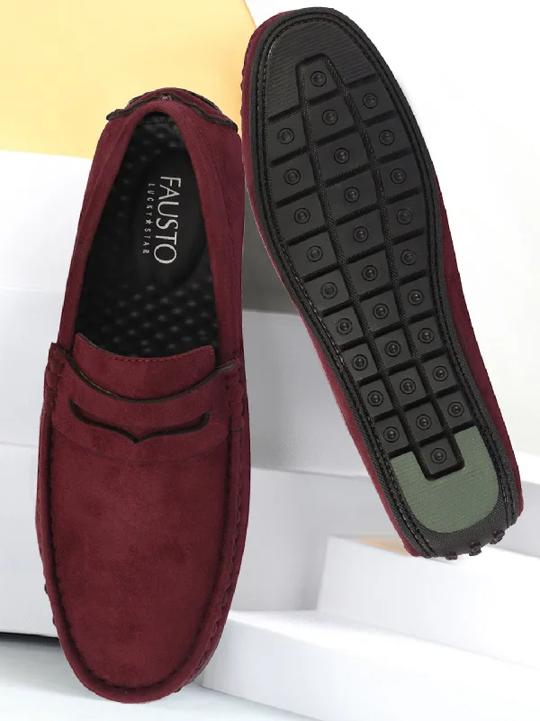 Men's casual shoes with a sporty look and feel Men Maroon Suede Leather Side Stitched Driving Loafer and Moccasin Men's casual shoes with a sporty look and feel Men Maroon Suede Leather Side Stitched Driving Loafer and Moccasin
