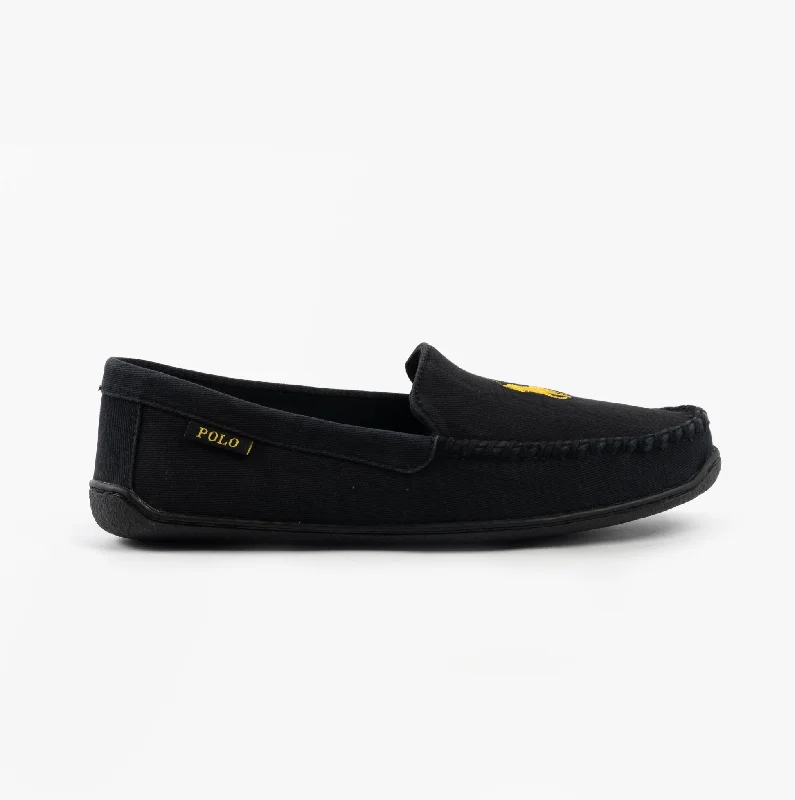 Men's slippers with a padded footbed for all - day comfort Polo Ralph Lauren BRENAN Mens Slippers Black Washed Twill/Gold Men's slippers with a padded footbed for all - day comfort Polo Ralph Lauren BRENAN Mens Slippers Black Washed Twill/Gold