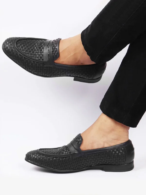 Men's casual shoes with a thick sole for added height Men Black Hand Knitted Design Penny Loafer Slip On Shoes Men's casual shoes with a thick sole for added height Men Black Hand Knitted Design Penny Loafer Slip On Shoes