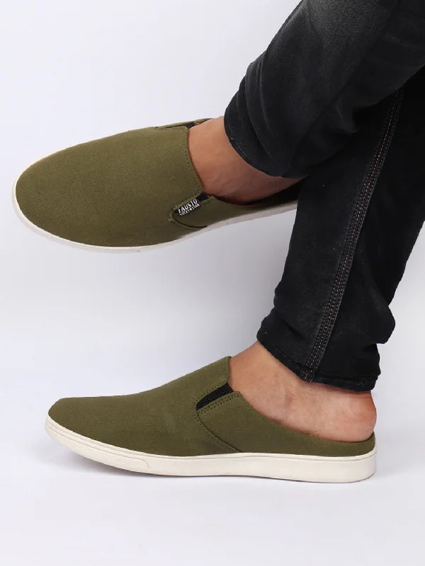 Men's casual shoes with a soft insole for cushioning Men Olive Green Casual Back Open Canvas Stylish Slip On Shoes Men's casual shoes with a soft insole for cushioning Men Olive Green Casual Back Open Canvas Stylish Slip On Shoes