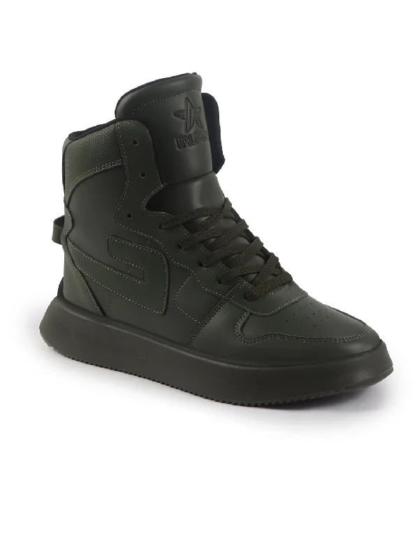 Men's casual shoes with a soft insole for cushioning FAUSTO Men Olive High Top Chunky Classic Lace Up Sneakers|High Ankle Sneakers With Memory Cushion|Lightweight All Day Sneakers Men's casual shoes with a soft insole for cushioning FAUSTO Men Olive High Top Chunky Classic Lace Up Sneakers|High Ankle Sneakers With Memory Cushion|Lightweight All Day Sneakers
