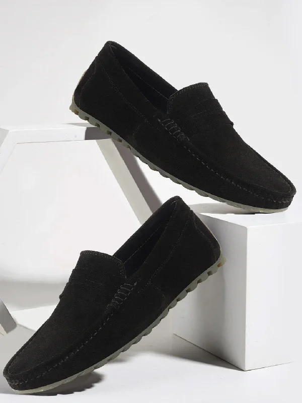Men's casual shoes with a thick sole for added height Men Black Suede Leather Side Stitched Slip On Driving Loafers and Mocassin Men's casual shoes with a thick sole for added height Men Black Suede Leather Side Stitched Slip On Driving Loafers and Mocassin