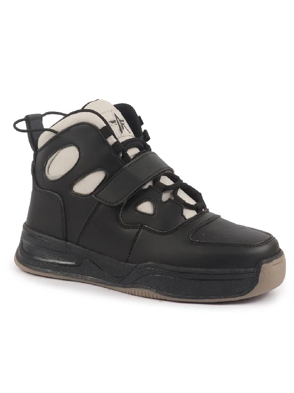 Men's casual shoes with a low - profile design Men Cream Black High Ankle Casual Chunky Lace Up Sneakers with Hook and Loop Closure Strap|Rubber Outsole High Top Basketball Shoes Men's casual shoes with a low - profile design Men Cream Black High Ankle Casual Chunky Lace Up Sneakers with Hook and Loop Closure Strap|Rubber Outsole High Top Basketball Shoes