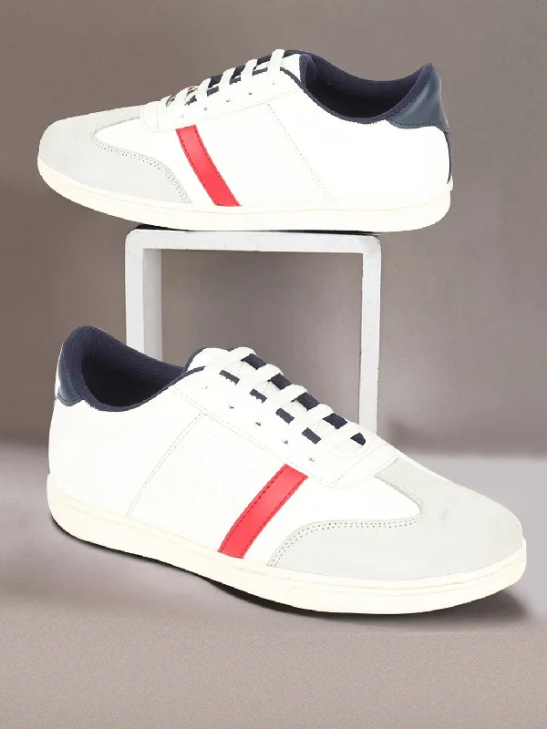 Men's casual sneakers with a mesh upper Men White Embellished Strip Breathable Upper PU Suede Leather Lace Up Sneakers Shoes Men's casual sneakers with a mesh upper Men White Embellished Strip Breathable Upper PU Suede Leather Lace Up Sneakers Shoes