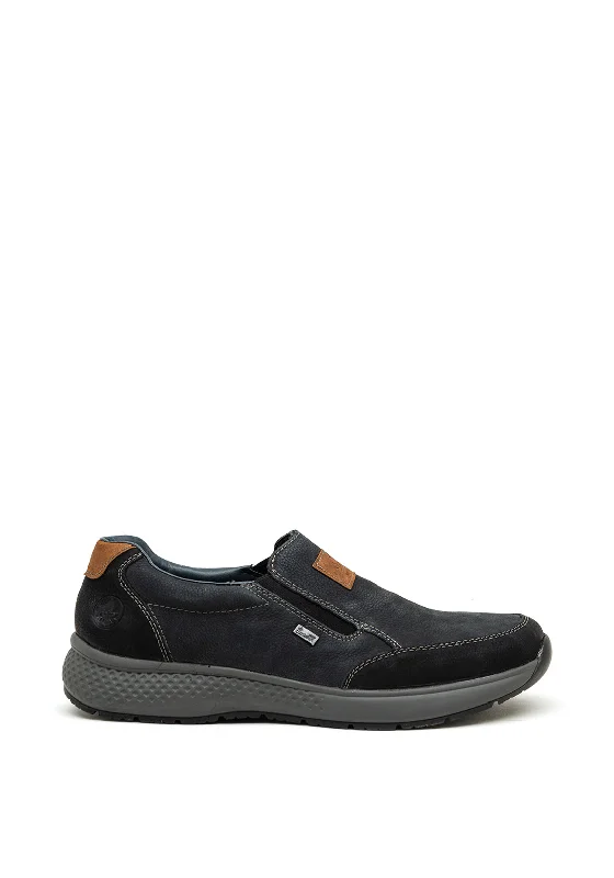 Men's casual shoes with a logo patch on the tongue Rieker Mens Slip On Shoe, Blue