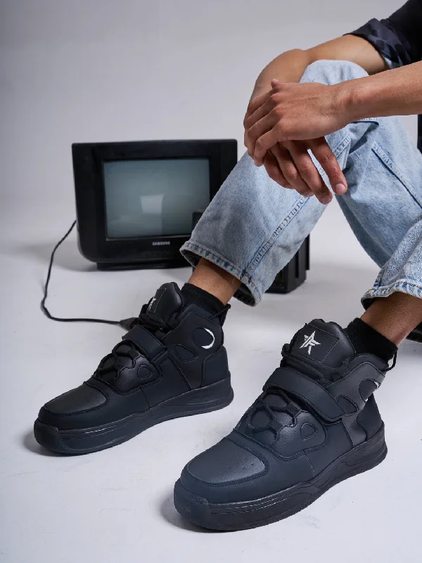 Men's casual shoes with a logo patch on the tongue Men Black High Ankle Casual Chunky Lace Up Sneakers with Hook and Loop Closure Strap|Rubber Outsole High Top Basketball Shoes Men's casual shoes with a logo patch on the tongue Men Black High Ankle Casual Chunky Lace Up Sneakers with Hook and Loop Closure Strap|Rubber Outsole High Top Basketball Shoes