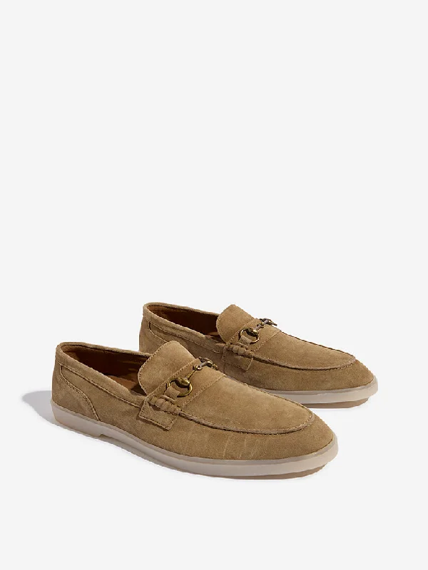Men's casual shoes with a padded heel for comfort SOLEPLAY Taupe Metal-Detailed Faux-Suede Loafers Men's casual shoes with a padded heel for comfort SOLEPLAY Taupe Metal-Detailed Faux-Suede Loafers