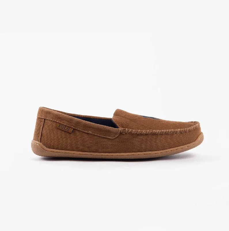 Men's slippers with a non - slip outsole for safety Polo Ralph Lauren BRENAN Mens Slippers Tan Washed Twill/Navy
