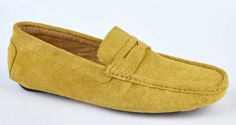 Men's slippers with a decorative pom - pom or tassel MUSTARD SUEDE DRIVING SHOES