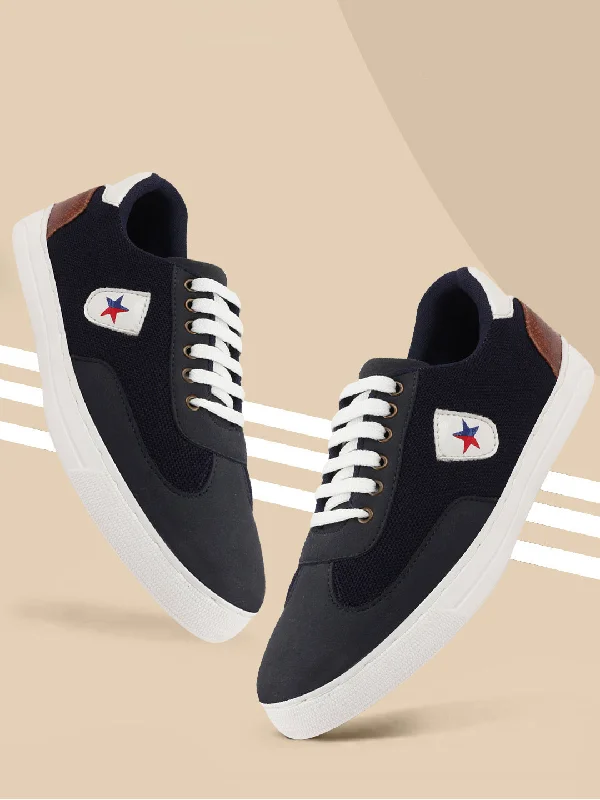 Men's casual shoes with a logo patch on the tongue Men Navy Blue Trendy Lace Up Colorblocked Sneakers