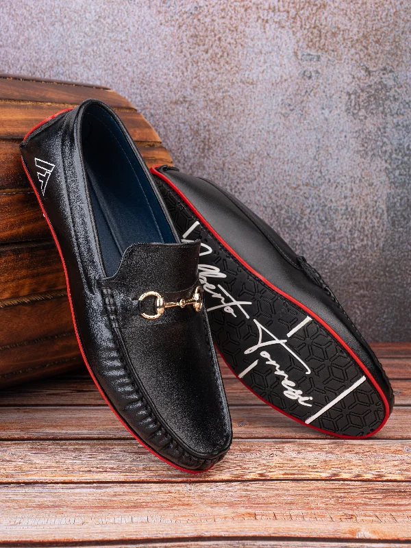 Men's casual shoes with a geometric pattern Alberto Torresi Black Round Toe Loafers With Metal Accent Men's casual shoes with a geometric pattern Alberto Torresi Black Round Toe Loafers With Metal Accent