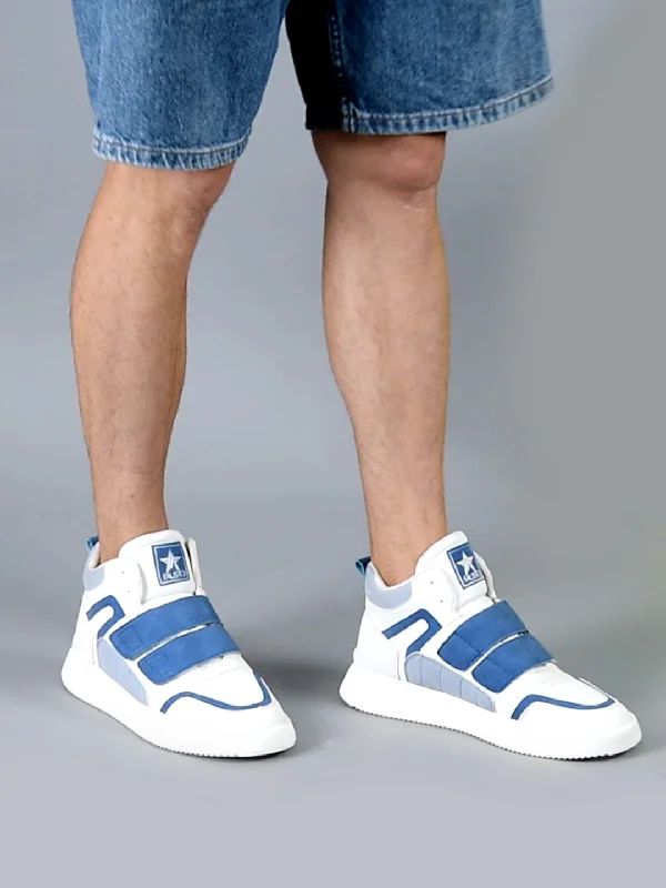Men's casual shoes with a low - profile design Men Blue Colorblocked High Top Velcro Adjustable Classic Sneakers|Memory Cushion Insole|Street Fashion Hi-Top Sneakers