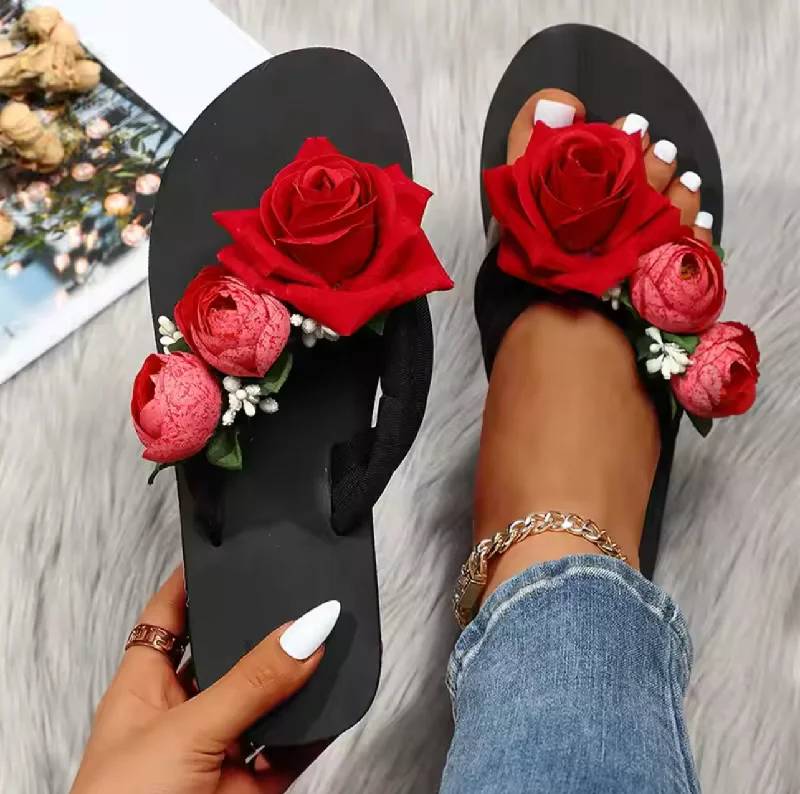 Leather men's slippers with a mule style Red rose Flipflop