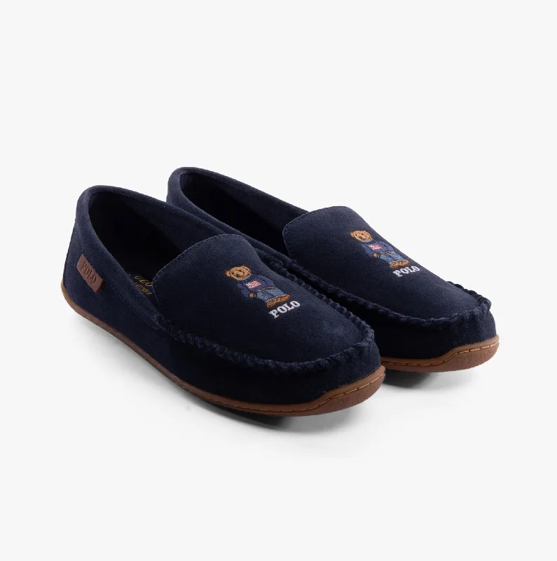 Men's slippers with a stretchy side panel for a better fit Polo Ralph Lauren BRENAN BEAR Mens Moccasin Slippers Navy Suede Men's slippers with a stretchy side panel for a better fit Polo Ralph Lauren BRENAN BEAR Mens Moccasin Slippers Navy Suede