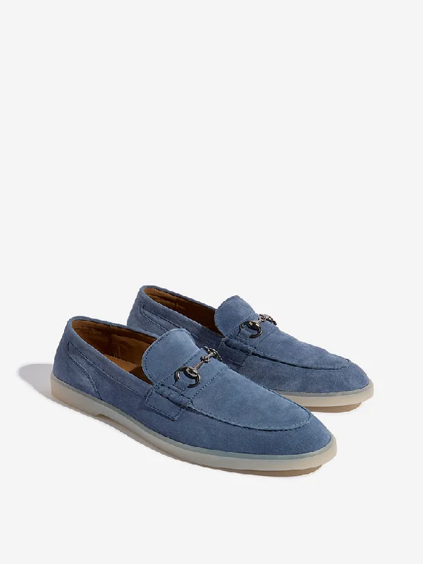 Men's casual shoes with a metallic trim SOLEPLAY Dusty Blue Metal-Detailed Faux-Suede Loafers Men's casual shoes with a metallic trim SOLEPLAY Dusty Blue Metal-Detailed Faux-Suede Loafers