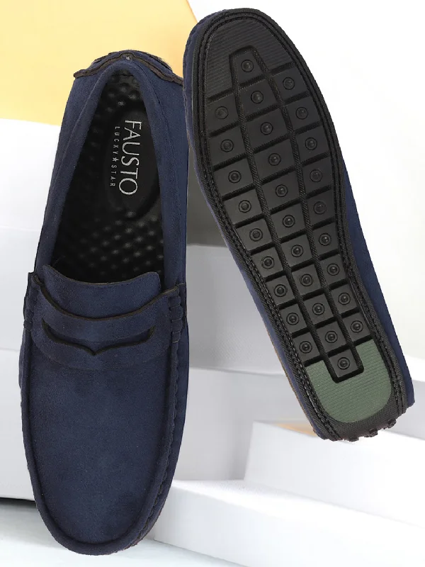 Men's casual shoes with a low - profile design Men Navy Blue Suede Leather Side Stitched Driving Loafer and Moccasin Men's casual shoes with a low - profile design Men Navy Blue Suede Leather Side Stitched Driving Loafer and Moccasin
