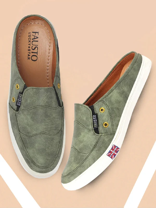 Men's casual shoes with a metallic trim Men Olive Green Casual Slip-On Shoes