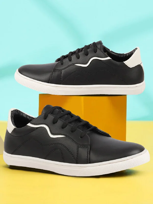 Men's casual shoes with a metallic trim Men Black Classic Lace Up Elevated Look Sneaker Shoes with Contrast Sole|Low Ankle|Casual Shoe Men's casual shoes with a metallic trim Men Black Classic Lace Up Elevated Look Sneaker Shoes with Contrast Sole|Low Ankle|Casual Shoe