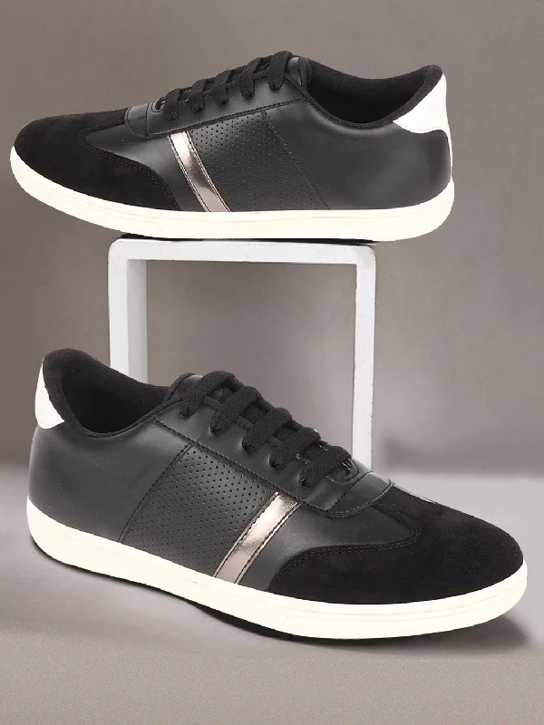 Men's casual shoes with a floral print for a unique style Men Black Embellished Strip Breathable Upper PU Suede Leather Lace Up Sneakers Shoes Men's casual shoes with a floral print for a unique style Men Black Embellished Strip Breathable Upper PU Suede Leather Lace Up Sneakers Shoes