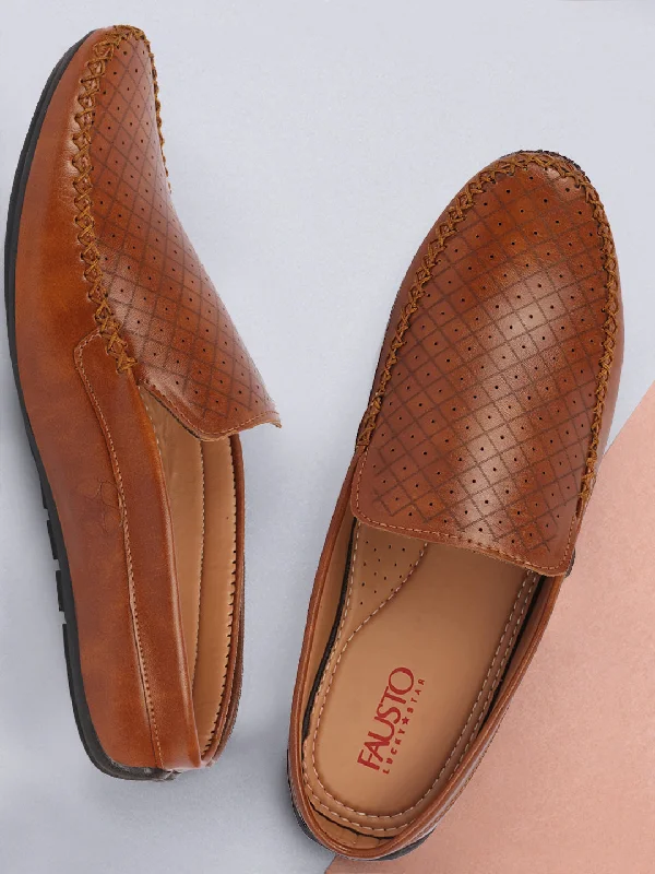 Men's casual shoes with a floral print for a unique style Men Tan Stitched Block Design Pattern Back Open Slip On Loafer Shoes Men's casual shoes with a floral print for a unique style Men Tan Stitched Block Design Pattern Back Open Slip On Loafer Shoes