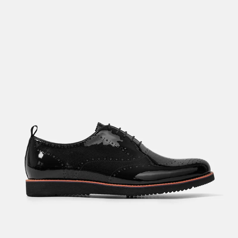 Men's formal shoes with a rubber heel cap for durability Men's formal shoes with a rubber heel cap for durability Oscar Black Patent Leather Wholecut Brogue Sneakers