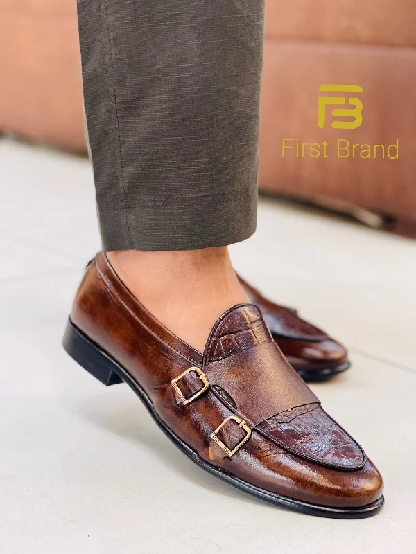 Men's casual shoes with a metallic trim C028-Double Monk strap Brown Crocodile
