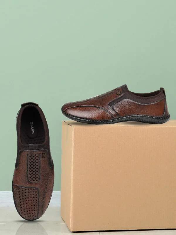 Men's casual sneakers with a mesh upper Ezok Brown Leather Slip on Casual Shoes
