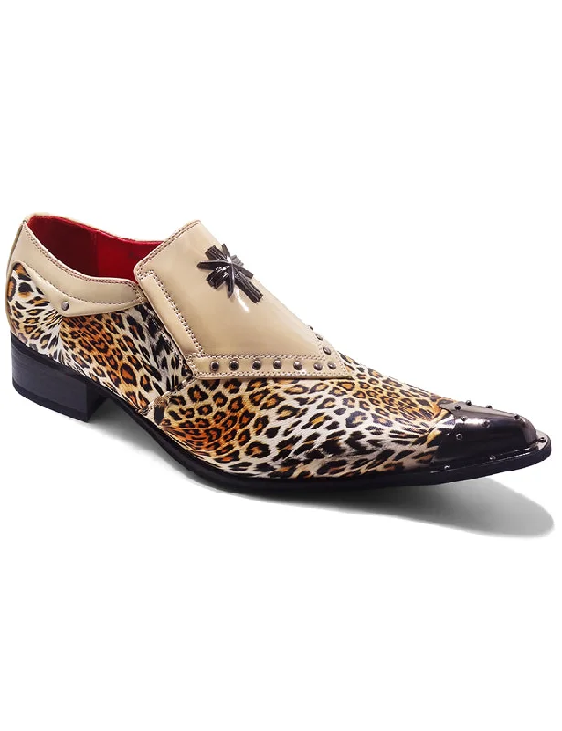 Men's leather loafers with a penny slotBEIGE PATENT LEOPARD PRINT LOAFER METAL TOE CAP Men's leather loafers with a penny slotBEIGE PATENT LEOPARD PRINT LOAFER METAL TOE CAP