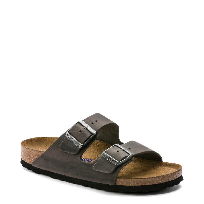 Men's sandals with a rubber sole for tractionBirkenstock Arizona Oiled Leather Soft Footbed Sandal in Iron Grey Men's sandals with a rubber sole for tractionBirkenstock Arizona Oiled Leather Soft Footbed Sandal in Iron Grey
