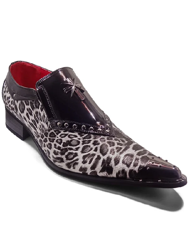 Men's loafers with a decorative buckleBLACK PATENT LEOPARD PRINT LOAFER METAL TOE CAP Men's loafers with a decorative buckleBLACK PATENT LEOPARD PRINT LOAFER METAL TOE CAP