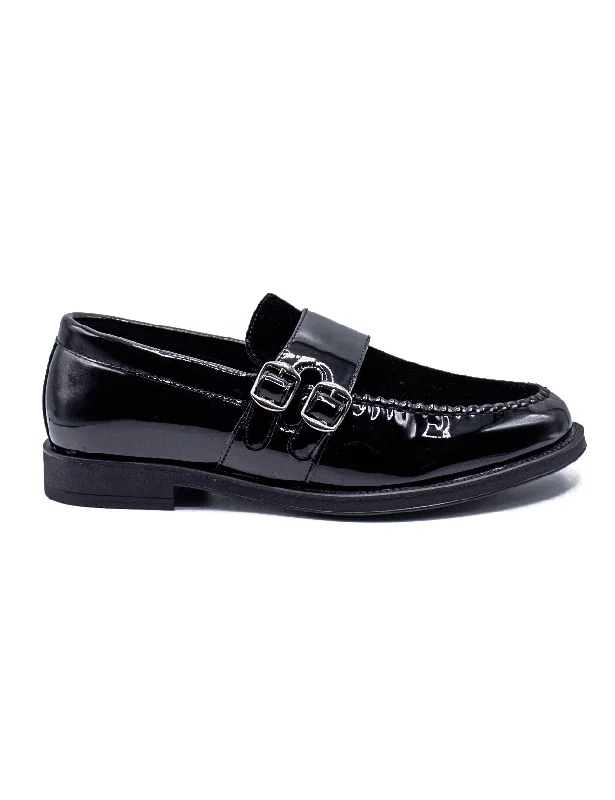 Men's loafers with a moc - toe designBLACK PATENT SHINY DOUBLE MONK SHOES