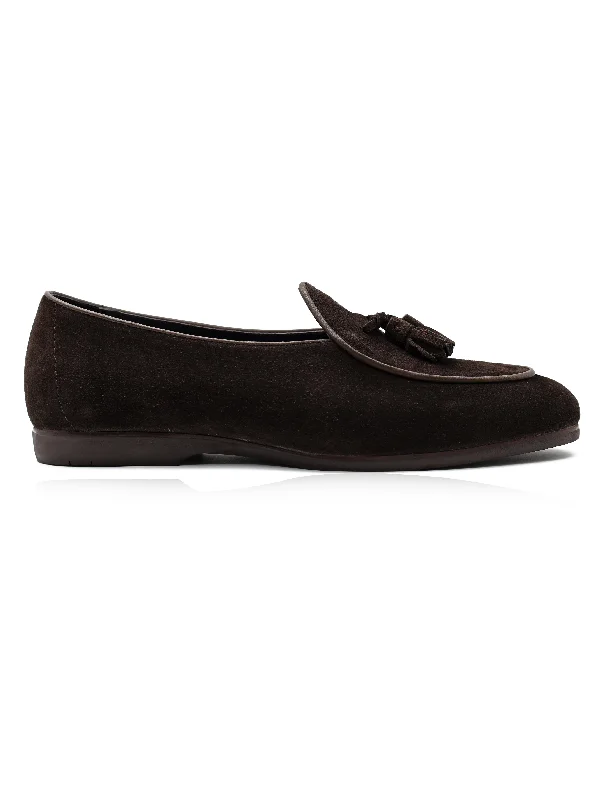 Men's loafers with a moc - toe designBROWN SOFT SUEDE TASSEL SLIPPERS