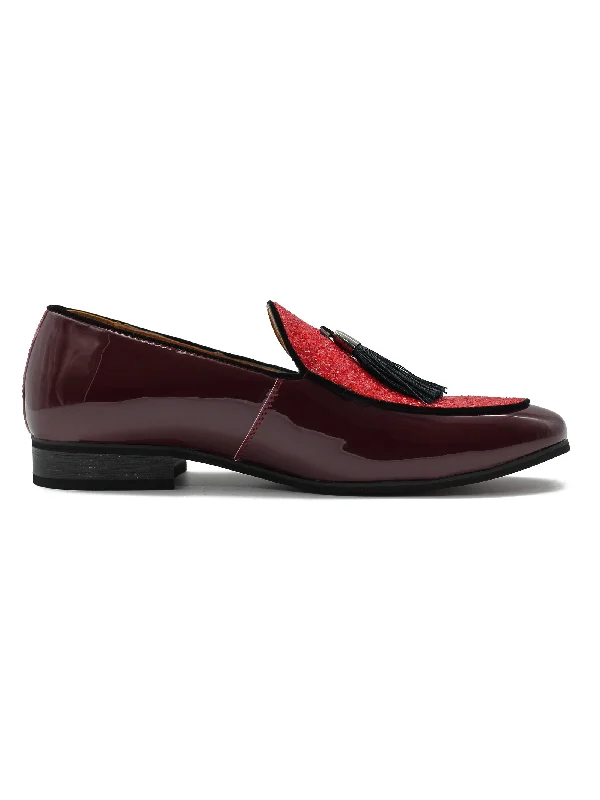 Men's loafers with a pointed toe for a stylish appearanceGLITTER - MAROON SHINY TASSEL LOAFERS Men's loafers with a pointed toe for a stylish appearanceGLITTER - MAROON SHINY TASSEL LOAFERS
