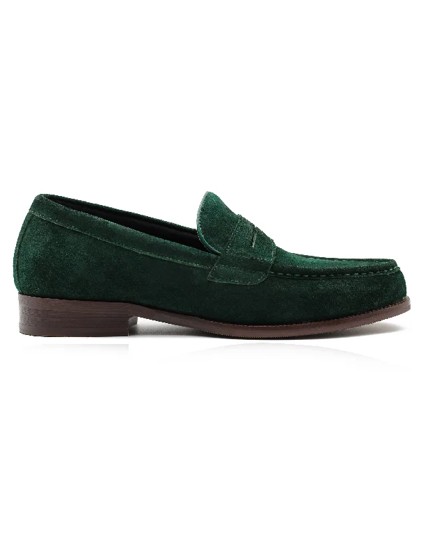 Men's loafers with a pointed toe for a stylish appearanceGREEN SUEDE LEATHER PENNY LOAFERS Men's loafers with a pointed toe for a stylish appearanceGREEN SUEDE LEATHER PENNY LOAFERS