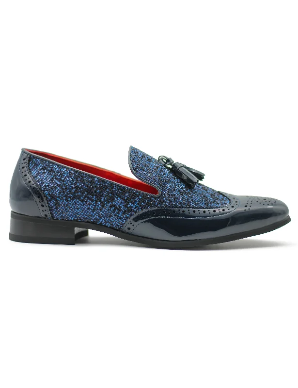 Slip - on men's loafers for easy wearNAVY FAUX PATENT LEATHER SHINY GLITTER PARTY TASSEL LOAFER Slip - on men's loafers for easy wearNAVY FAUX PATENT LEATHER SHINY GLITTER PARTY TASSEL LOAFER