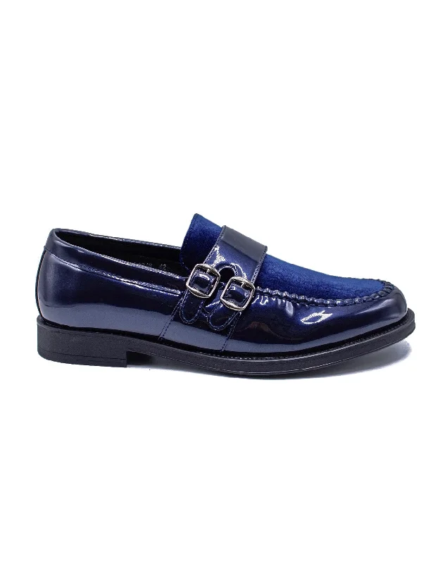 Men's loafers with a perforated leather upper for ventilationNAVY PATENT SHINY DOUBLE MONK SHOES Men's loafers with a perforated leather upper for ventilationNAVY PATENT SHINY DOUBLE MONK SHOES