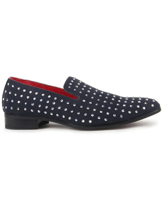 Slip - on men's loafers for easy wearNAVY SUEDE LEATHER LINED GLITTER STUD LOAFERS