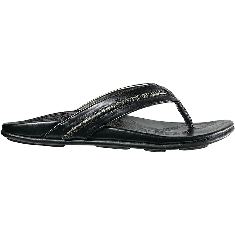 Men's sandals with a decorative buckle or charmMen's OluKai Mea Ola Black/Black Leather Men's sandals with a decorative buckle or charmMen's OluKai Mea Ola Black/Black Leather