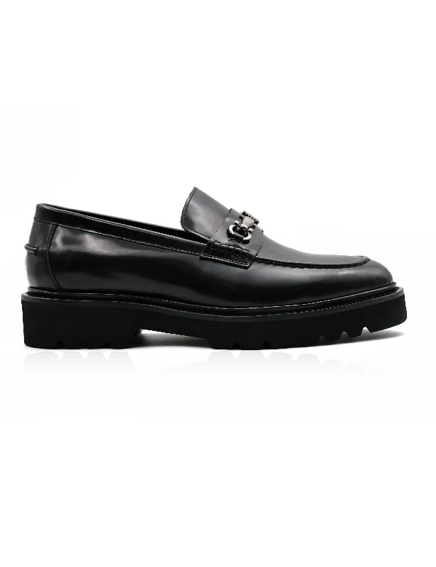 Men's loafers with a rubber sole for durabilitySNAFFLE BIT LUG SOLE BLACK POLISHED LEATHER LOAFERS Men's loafers with a rubber sole for durabilitySNAFFLE BIT LUG SOLE BLACK POLISHED LEATHER LOAFERS