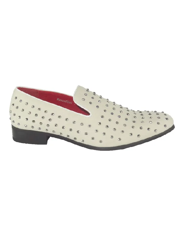 Men's loafers with a contrast stitching detailWHITE SUEDE LEATHER LINED GLITTER STUD LOAFERS Men's loafers with a contrast stitching detailWHITE SUEDE LEATHER LINED GLITTER STUD LOAFERS