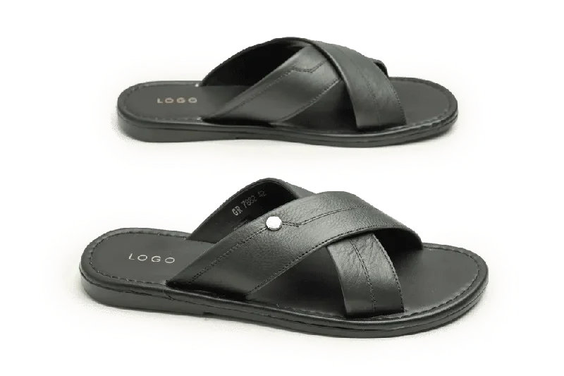 Leather men's slippers with a mule styleLOGO 7882 GRA