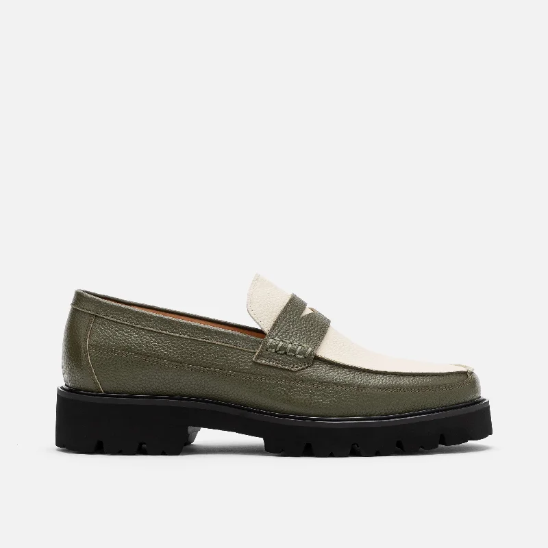 Men's loafers with a low - heeled designAdler Olive/White Leather Lug Penny Loafers Men's loafers with a low - heeled designAdler Olive/White Leather Lug Penny Loafers