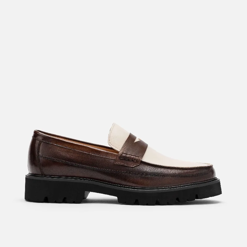 Men's loafers with a perforated leather upper for ventilationAdler Brown/White Leather Lug Penny Loafers Men's loafers with a perforated leather upper for ventilationAdler Brown/White Leather Lug Penny Loafers