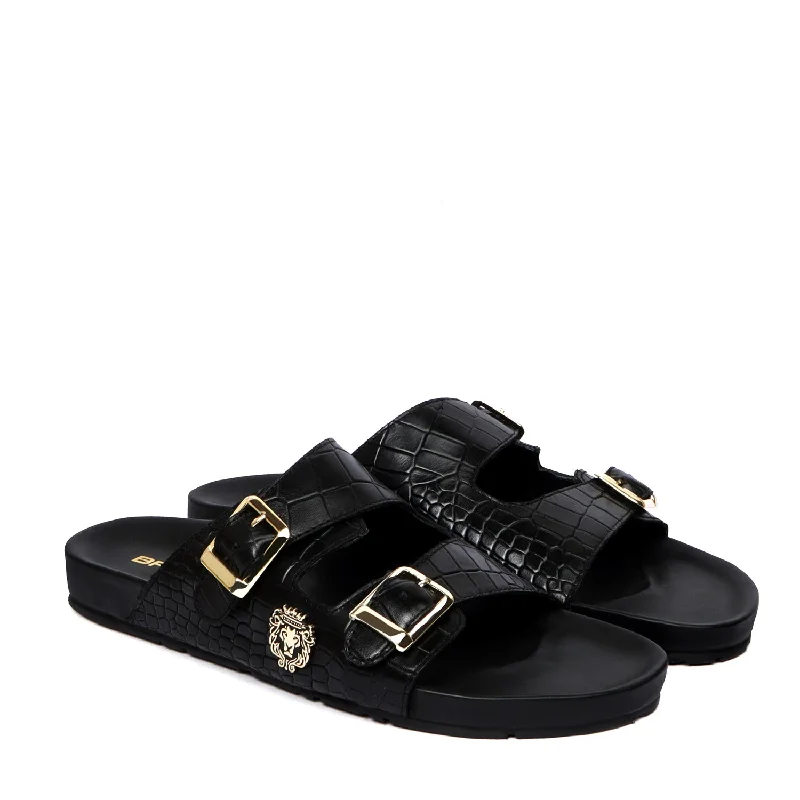 Men's slippers with a stretchy side panel for a better fitAdjustable Buckle Slide-in Slippers in Black Croco Textured Leather Men's slippers with a stretchy side panel for a better fitAdjustable Buckle Slide-in Slippers in Black Croco Textured Leather