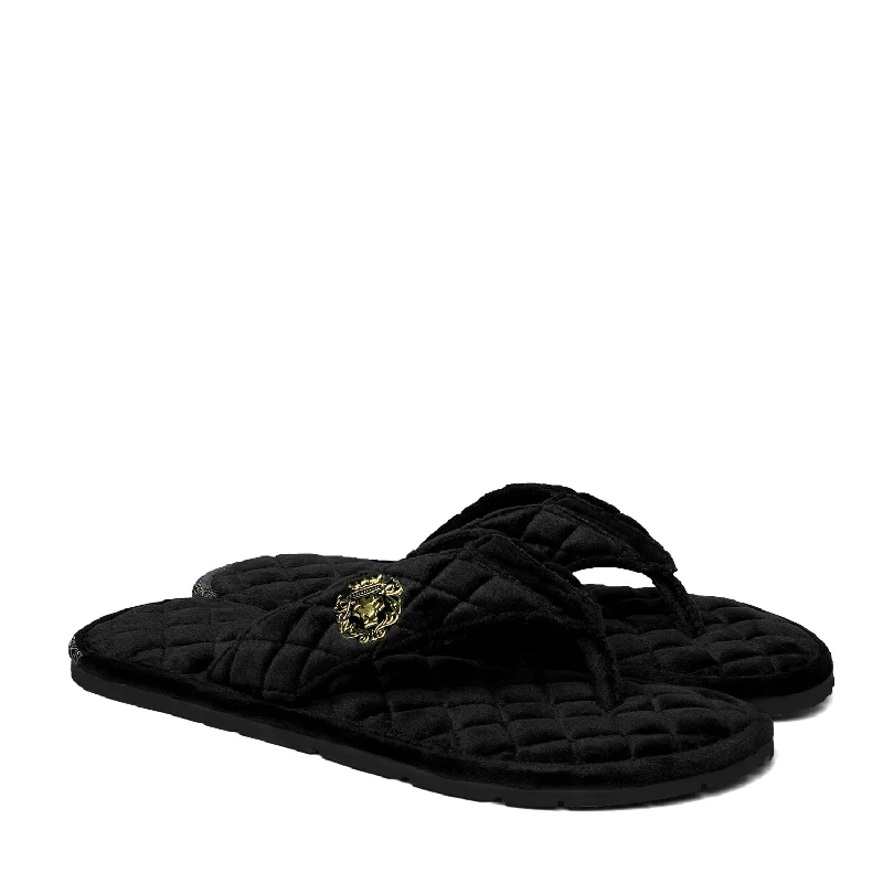 Men's slippers with a padded collar for comfortV-Strap Italian Velvet Slippers in Black Full Quilted Stitched Pattern Men's slippers with a padded collar for comfortV-Strap Italian Velvet Slippers in Black Full Quilted Stitched Pattern