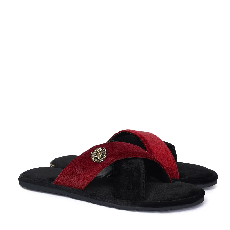Men's slippers with a padded footbed for all - day comfortCross Straps Velvet Slide-in Slippers in Black-Red Color Men's slippers with a padded footbed for all - day comfortCross Straps Velvet Slide-in Slippers in Black-Red Color