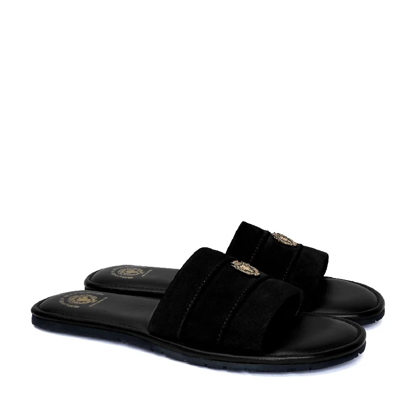 Men's plush slippers with a faux fur liningBlack Suede Leather Strap Slide-in Slippers by BRUNE & BARESKIN Men's plush slippers with a faux fur liningBlack Suede Leather Strap Slide-in Slippers by BRUNE & BARESKIN