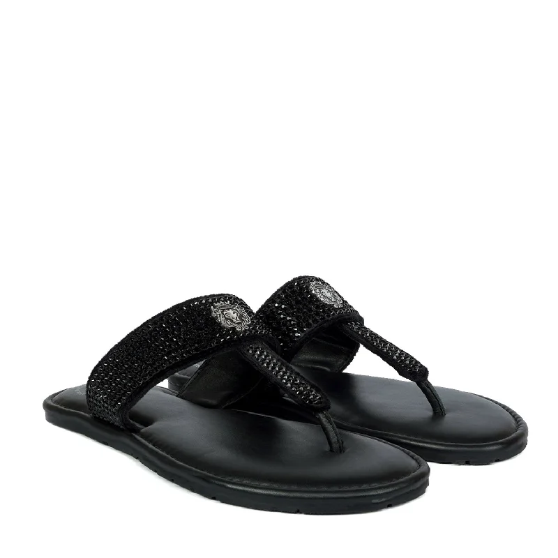 Men's slippers with a padded collar for comfortBlack Leather Beads Work Slide-In Slippers For Men By Brune & Bareskin Men's slippers with a padded collar for comfortBlack Leather Beads Work Slide-In Slippers For Men By Brune & Bareskin
